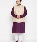 purple, beige and white cotton blend jacket kurta pyjama set