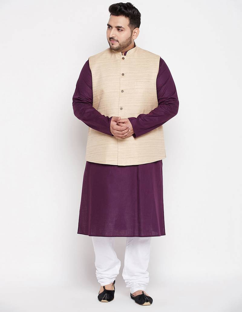 purple, beige and white cotton blend jacket kurta pyjama set