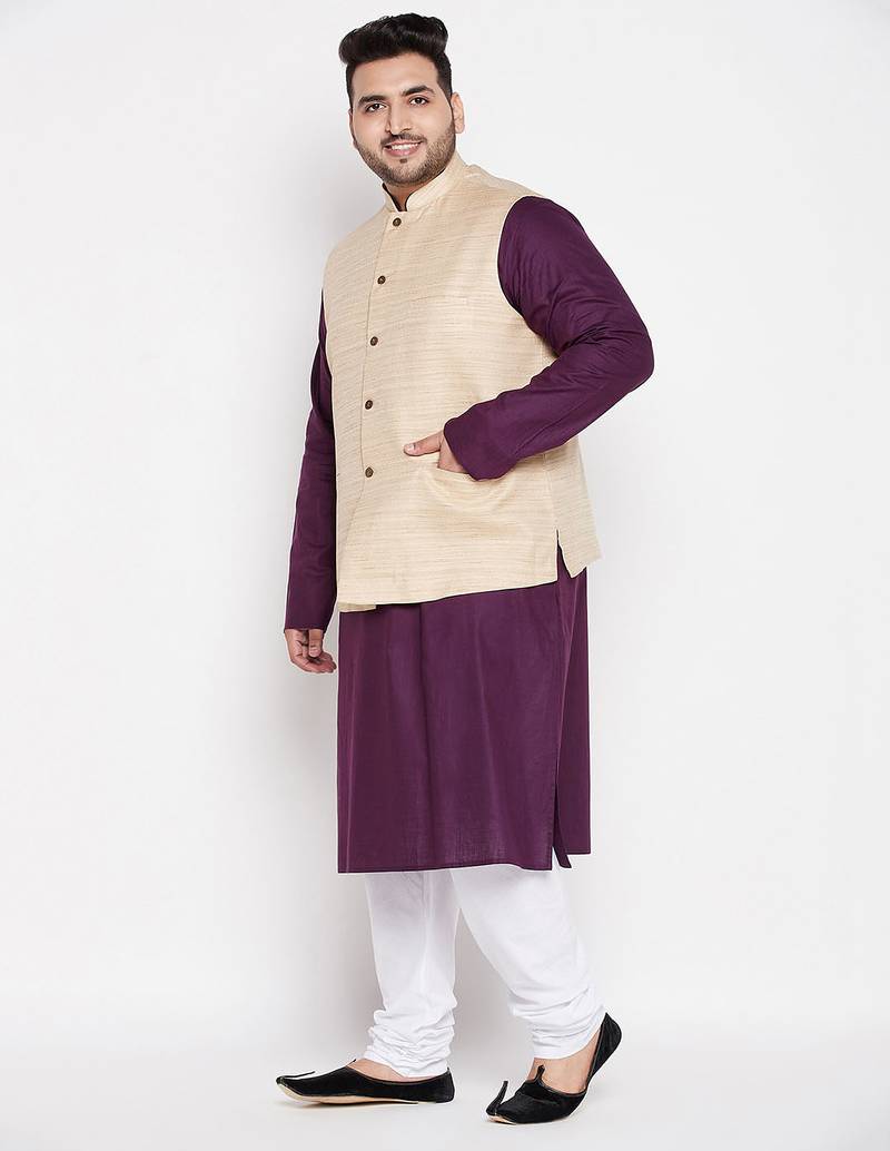 purple, beige and white cotton blend jacket kurta pyjama set