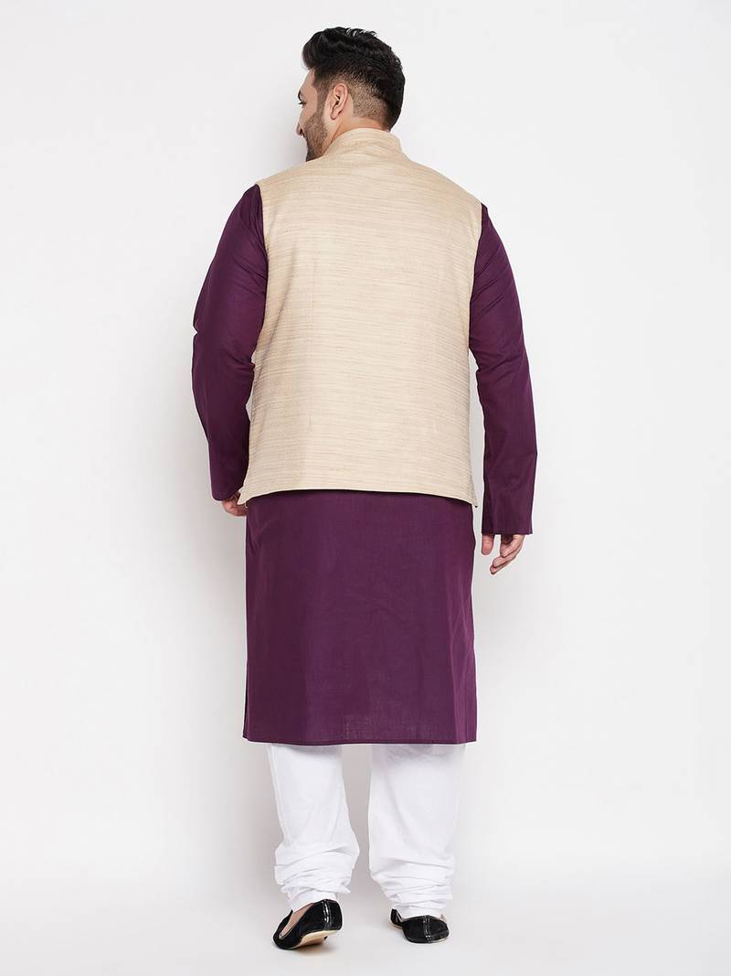 purple, beige and white cotton blend jacket kurta pyjama set