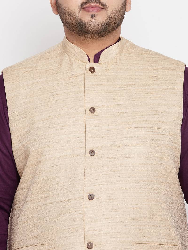 purple, beige and white cotton blend jacket kurta pyjama set