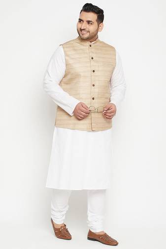 white, beige and white cotton blend jacket kurta pyjama set