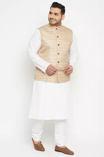 white, beige and white cotton blend jacket kurta pyjama set