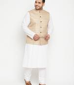 white, beige and white cotton blend jacket kurta pyjama set