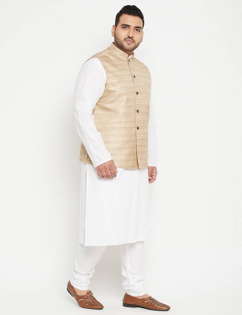 white, beige and white cotton blend jacket kurta pyjama set