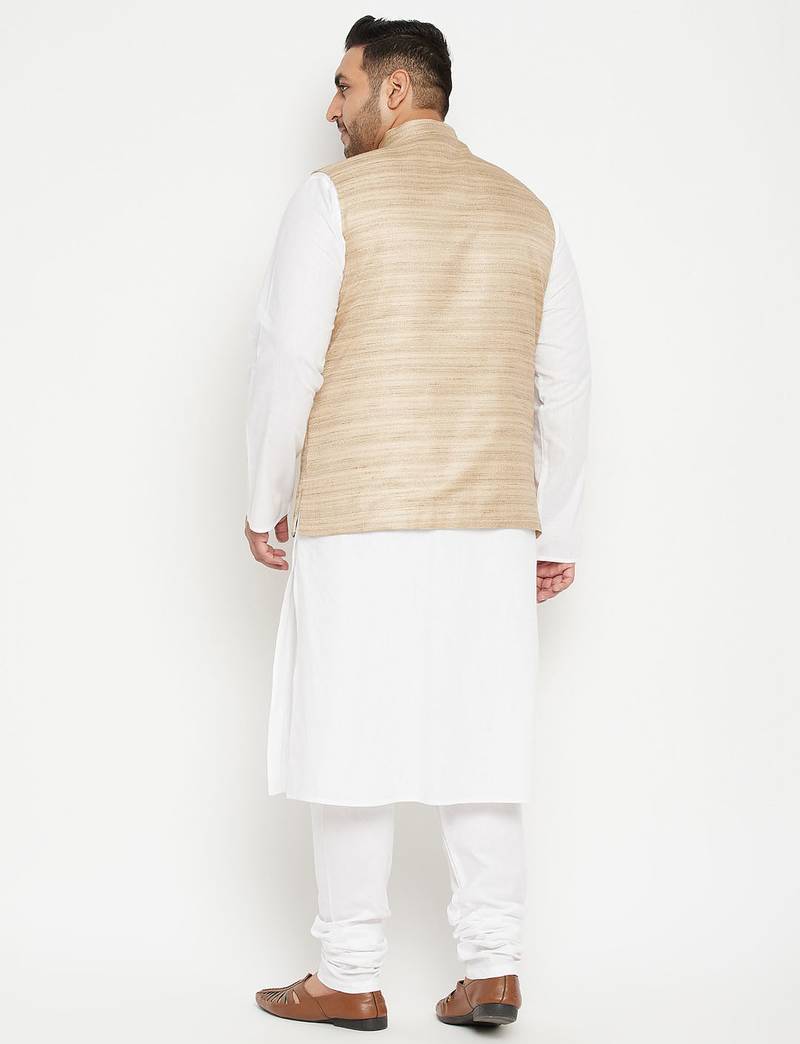 white, beige and white cotton blend jacket kurta pyjama set