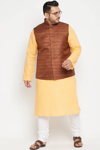 fawn, coffee brown and white cotton blend jacket kurta pyjama set