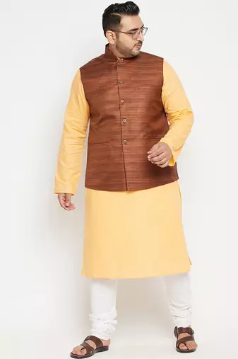 fawn, coffee brown and white cotton blend jacket kurta pyjama set