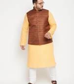 fawn, coffee brown and white cotton blend jacket kurta pyjama set