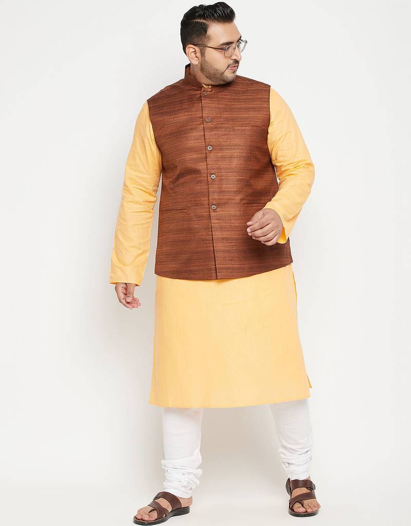 fawn, coffee brown and white cotton blend jacket kurta pyjama set