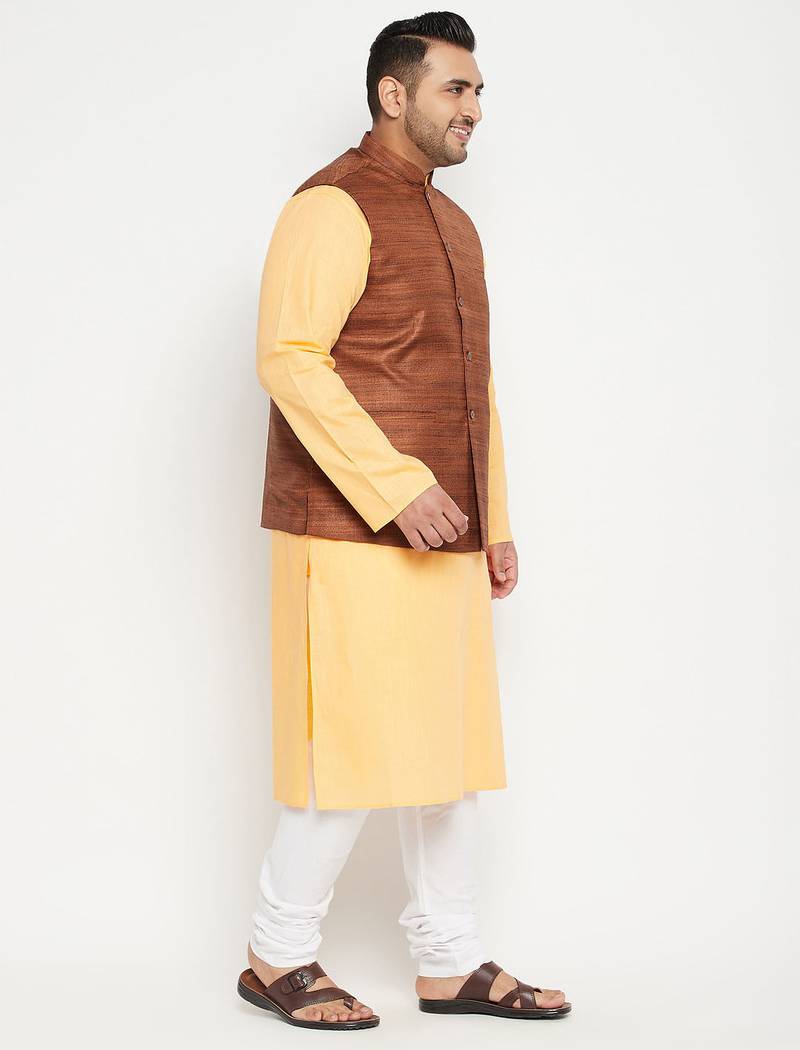 fawn, coffee brown and white cotton blend jacket kurta pyjama set
