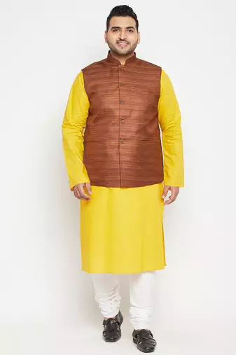 mustard, coffee brown and white cotton blend jacket kurta pyjama set
