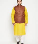 mustard, coffee brown and white cotton blend jacket kurta pyjama set