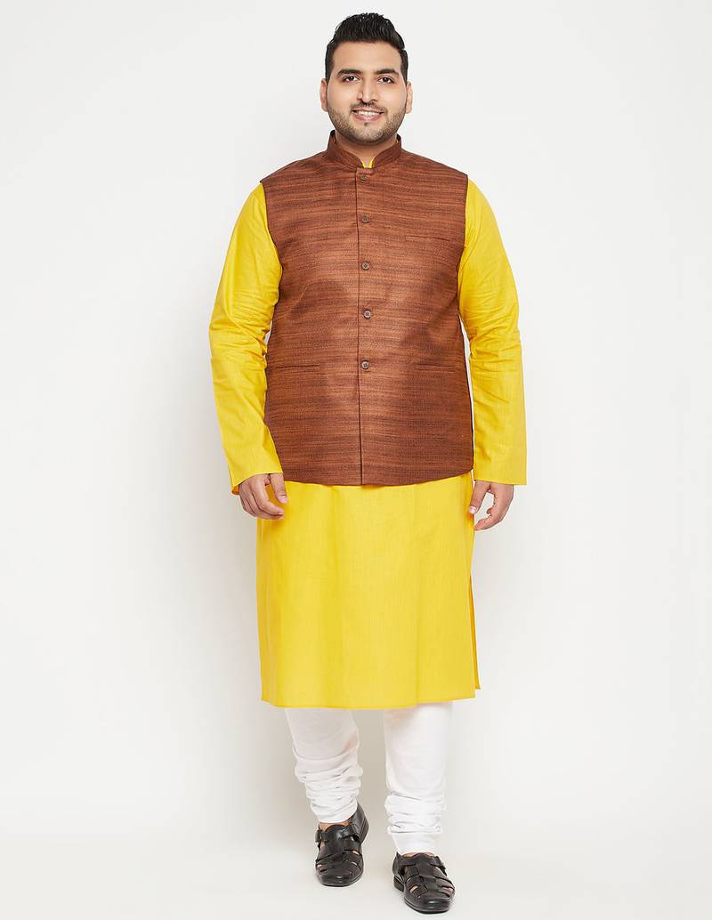 mustard, coffee brown and white cotton blend jacket kurta pyjama set