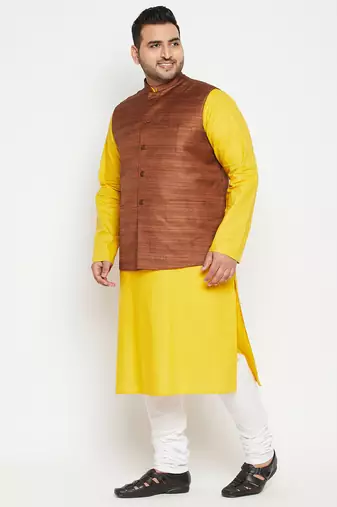 mustard, coffee brown and white cotton blend jacket kurta pyjama set