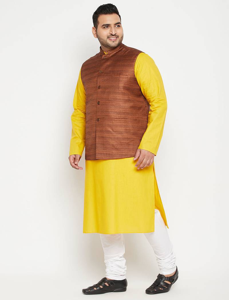 mustard, coffee brown and white cotton blend jacket kurta pyjama set