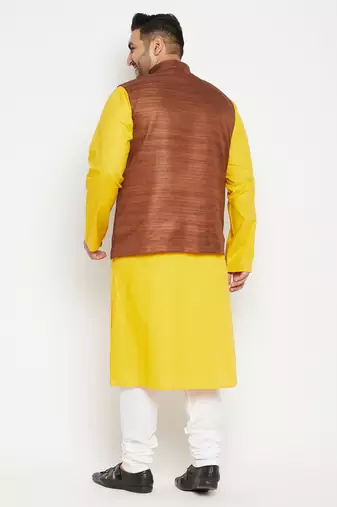 mustard, coffee brown and white cotton blend jacket kurta pyjama set