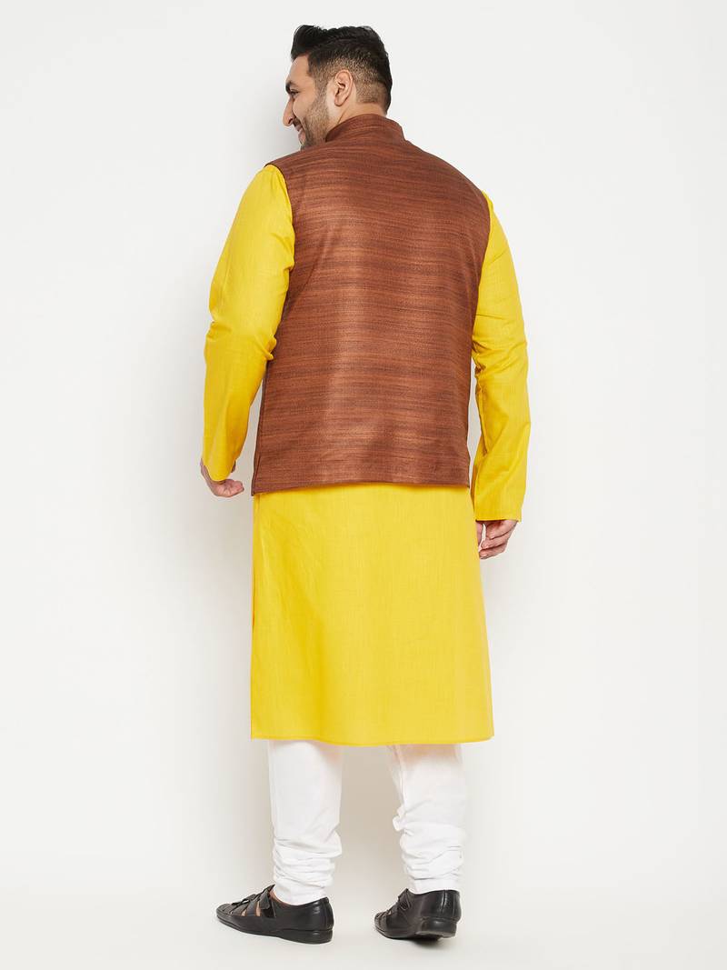 mustard, coffee brown and white cotton blend jacket kurta pyjama set