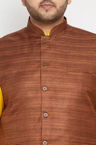 mustard, coffee brown and white cotton blend jacket kurta pyjama set