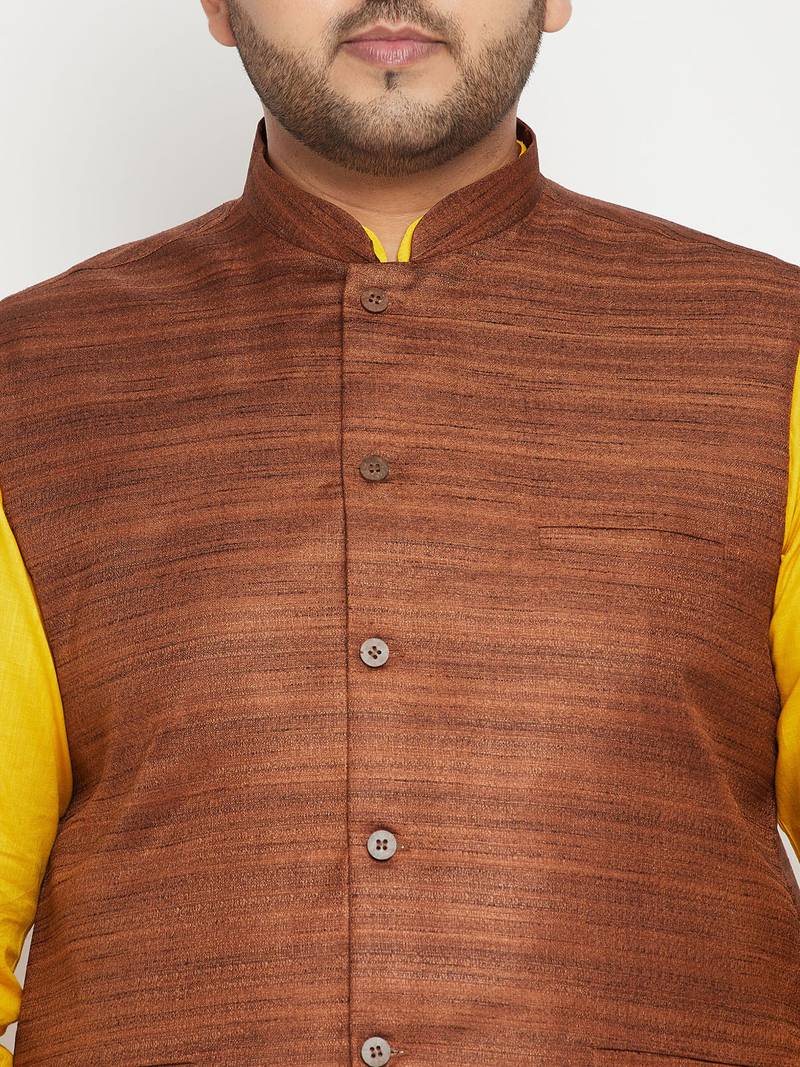 mustard, coffee brown and white cotton blend jacket kurta pyjama set