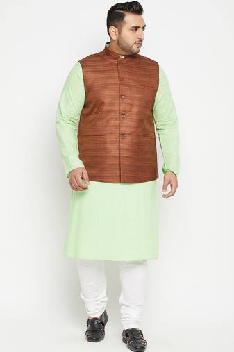 mint green, coffee brown and white cotton blend jacket kurta pyjama set
