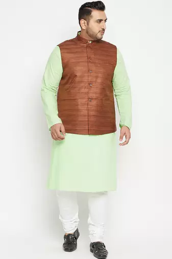mint green, coffee brown and white cotton blend jacket kurta pyjama set