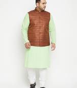 mint green, coffee brown and white cotton blend jacket kurta pyjama set