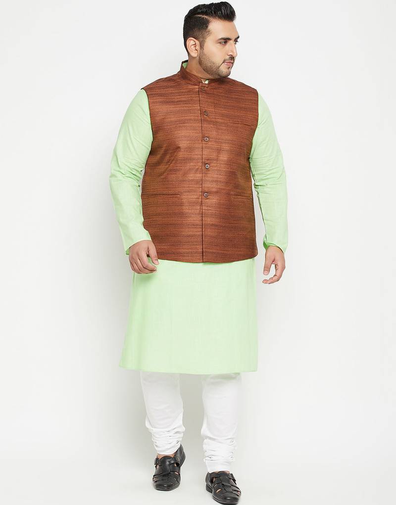 mint green, coffee brown and white cotton blend jacket kurta pyjama set