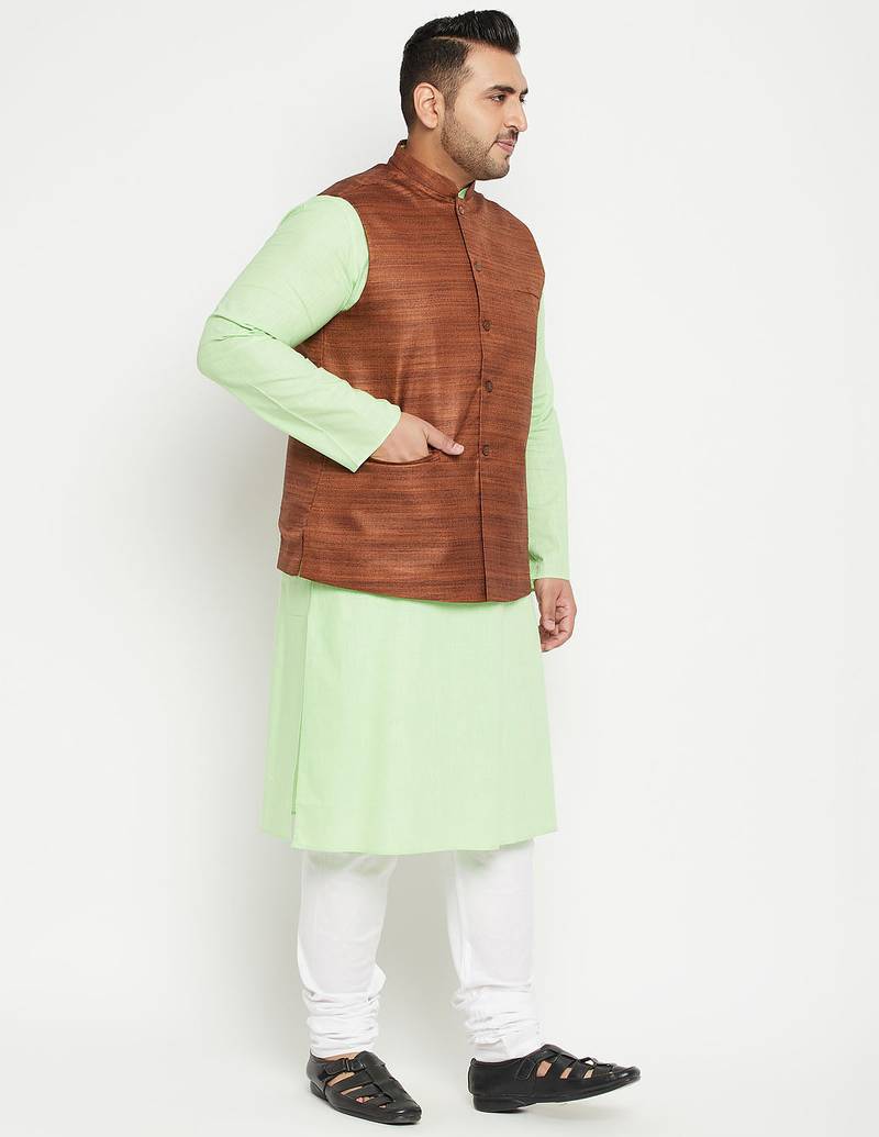 mint green, coffee brown and white cotton blend jacket kurta pyjama set