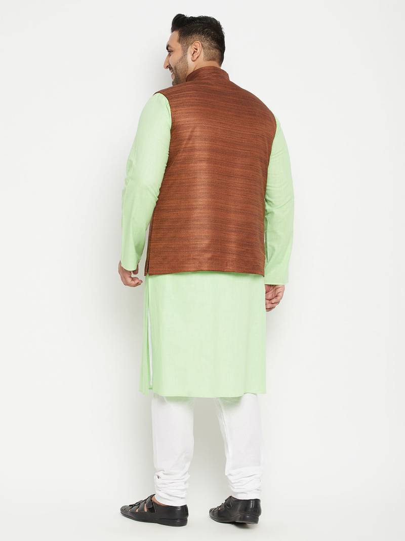 mint green, coffee brown and white cotton blend jacket kurta pyjama set
