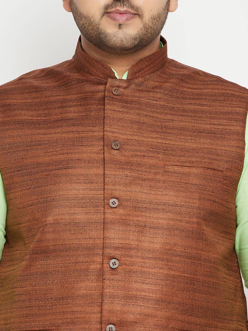 mint green, coffee brown and white cotton blend jacket kurta pyjama set