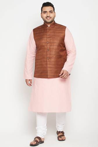 pink, coffee brown and white cotton blend jacket kurta pyjama set