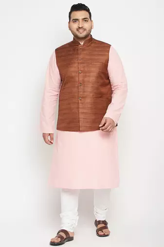 pink, coffee brown and white cotton blend jacket kurta pyjama set