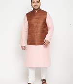 pink, coffee brown and white cotton blend jacket kurta pyjama set