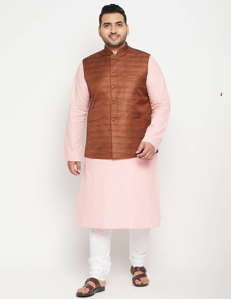 pink, coffee brown and white cotton blend jacket kurta pyjama set