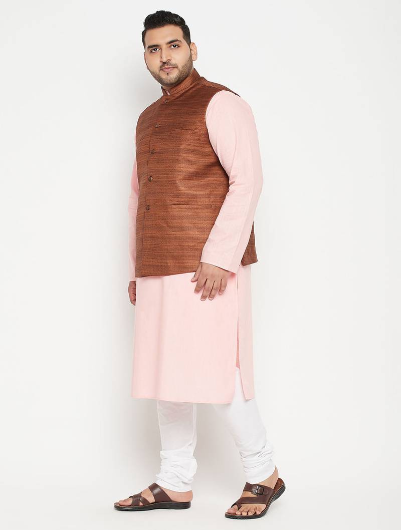 pink, coffee brown and white cotton blend jacket kurta pyjama set