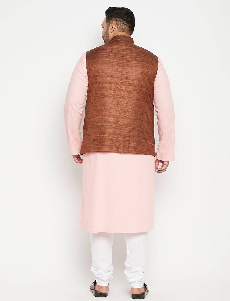pink, coffee brown and white cotton blend jacket kurta pyjama set