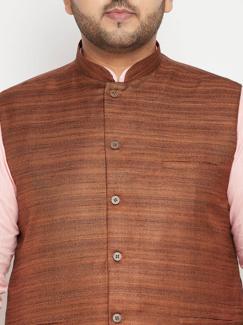 pink, coffee brown and white cotton blend jacket kurta pyjama set