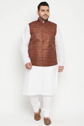 white, coffee brown and white cotton blend jacket kurta pyjama set