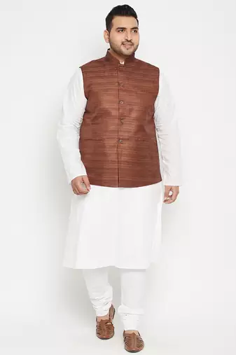 white, coffee brown and white cotton blend jacket kurta pyjama set