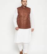 white, coffee brown and white cotton blend jacket kurta pyjama set