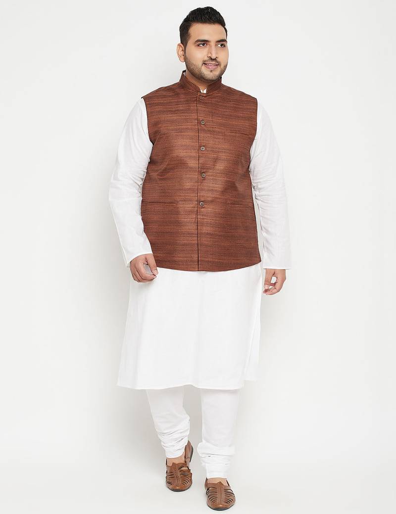 white, coffee brown and white cotton blend jacket kurta pyjama set