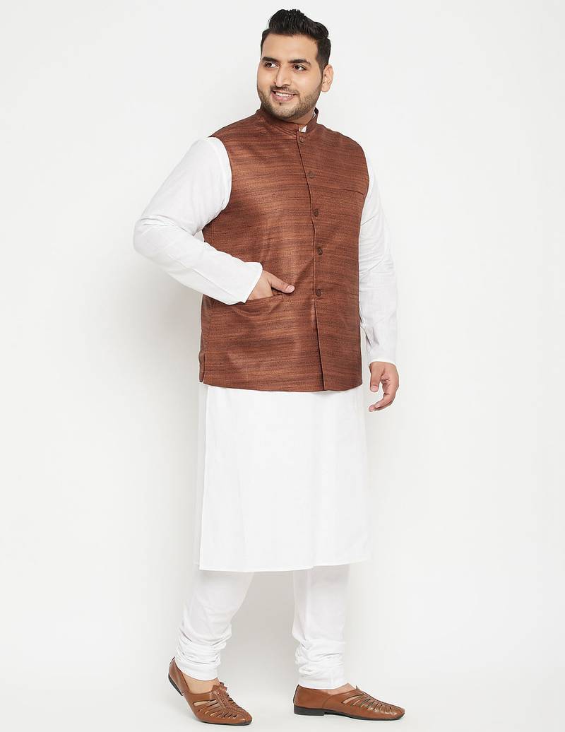 white, coffee brown and white cotton blend jacket kurta pyjama set