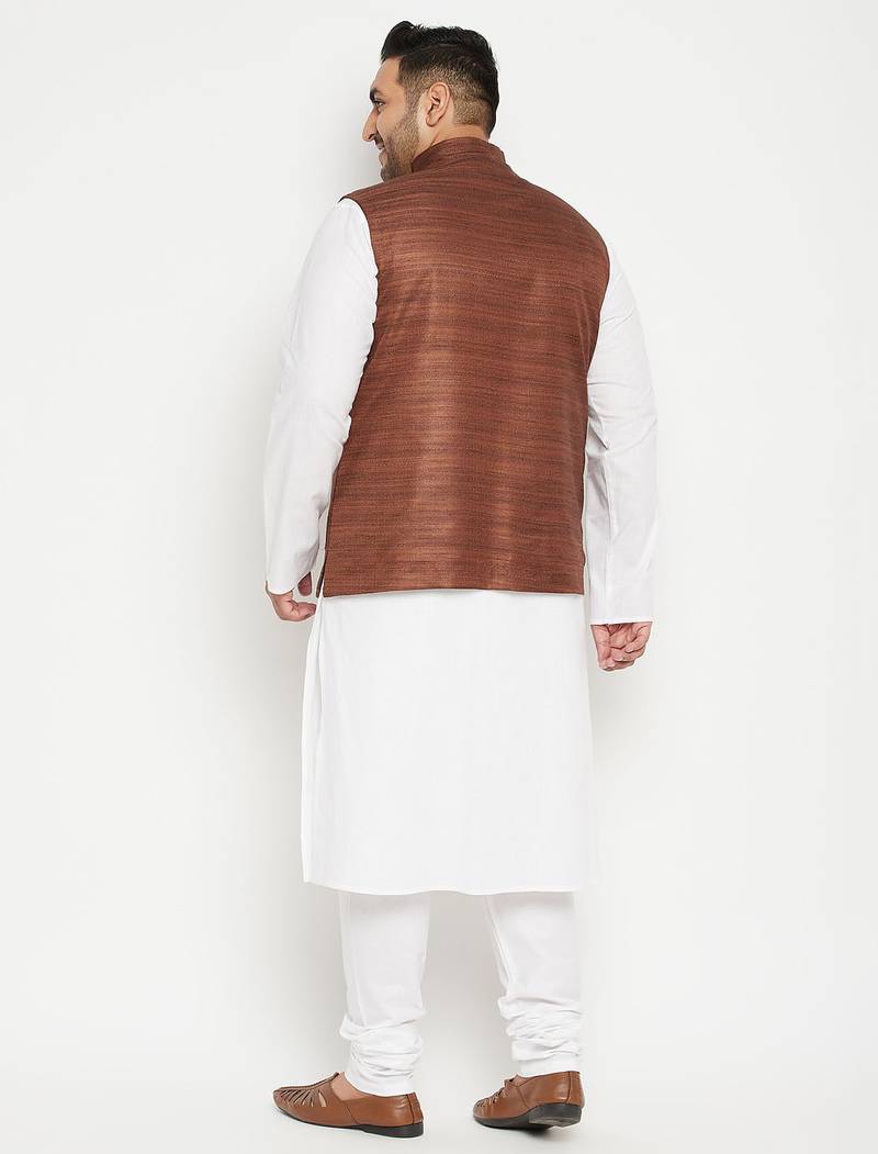 white, coffee brown and white cotton blend jacket kurta pyjama set