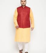 fawn, maroon and white cotton blend jacket kurta pyjama set