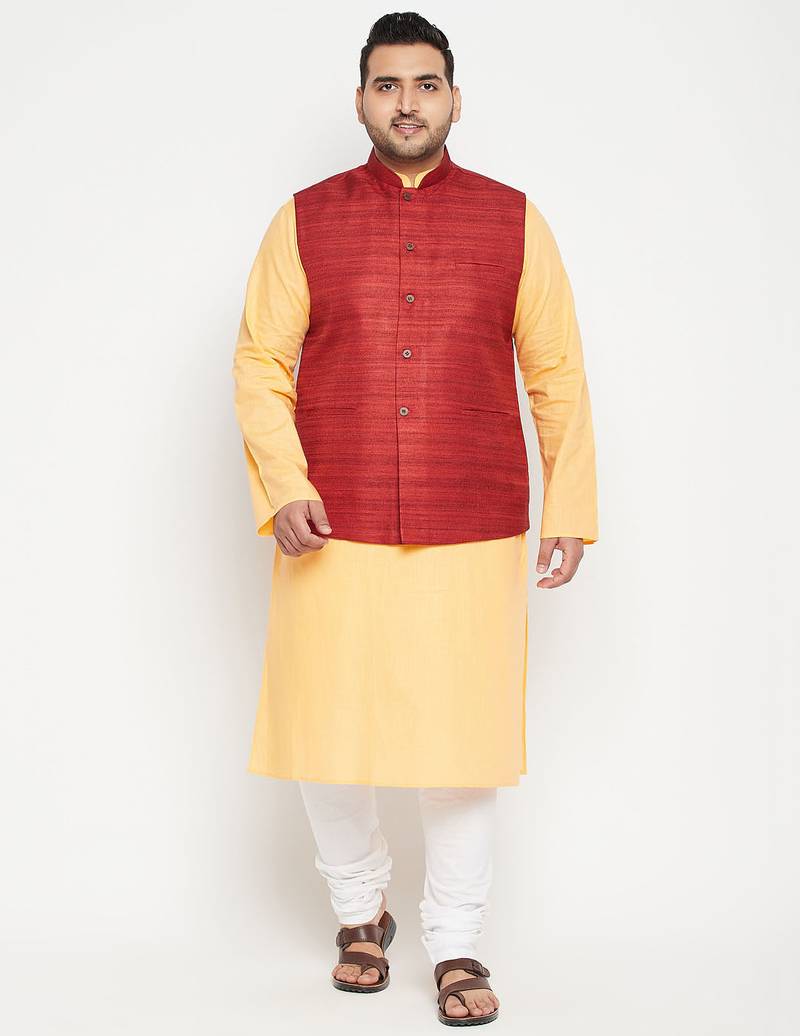 fawn, maroon and white cotton blend jacket kurta pyjama set