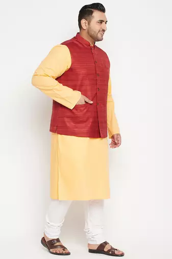 fawn, maroon and white cotton blend jacket kurta pyjama set