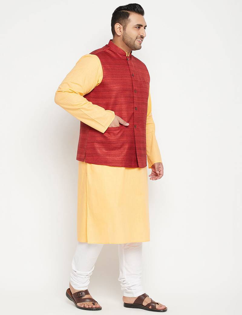fawn, maroon and white cotton blend jacket kurta pyjama set