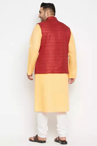 fawn, maroon and white cotton blend jacket kurta pyjama set