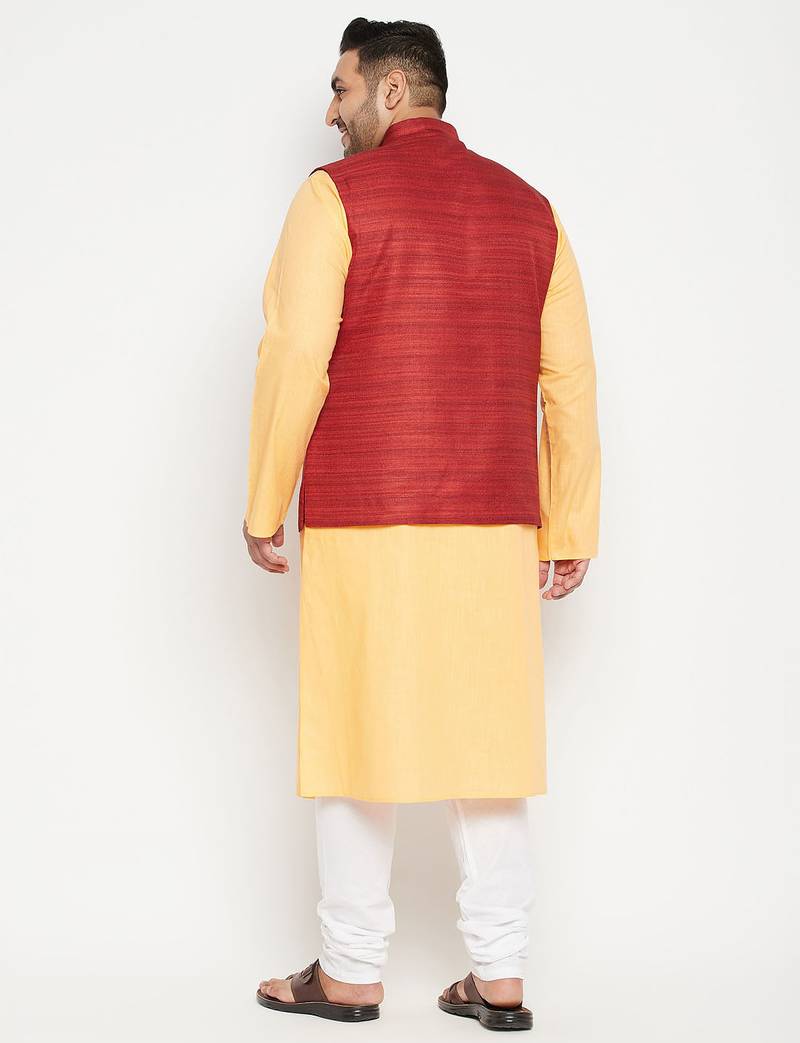 fawn, maroon and white cotton blend jacket kurta pyjama set